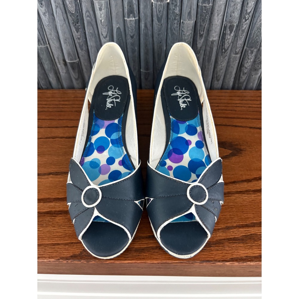 LifeStride Matisse Navy Blue Peep Toe Wedge Sandals 8.5M 23946401